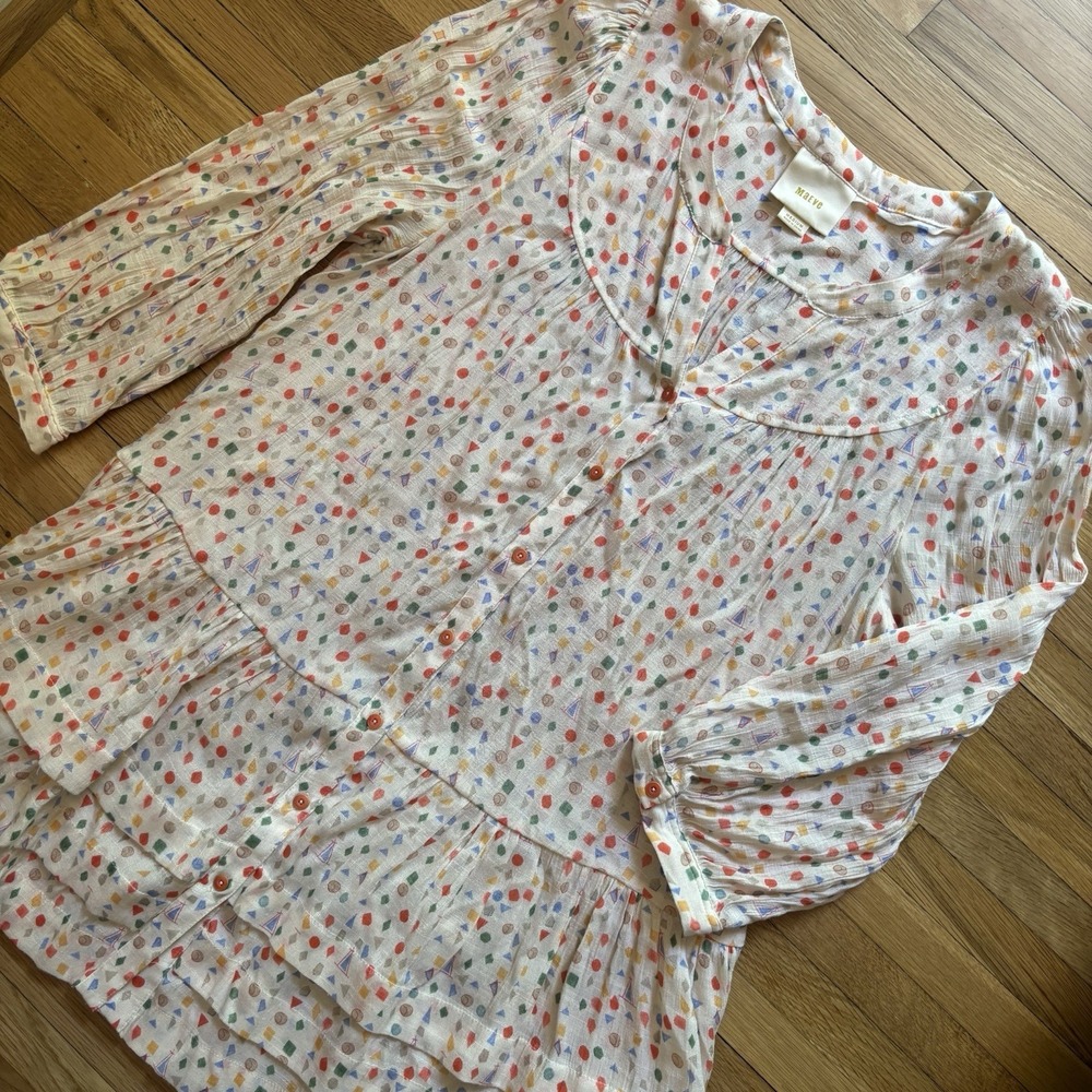 Anthropologie Maeve Paccia Geometric Print Tunic Blouse Top M Relaxed Ruffle